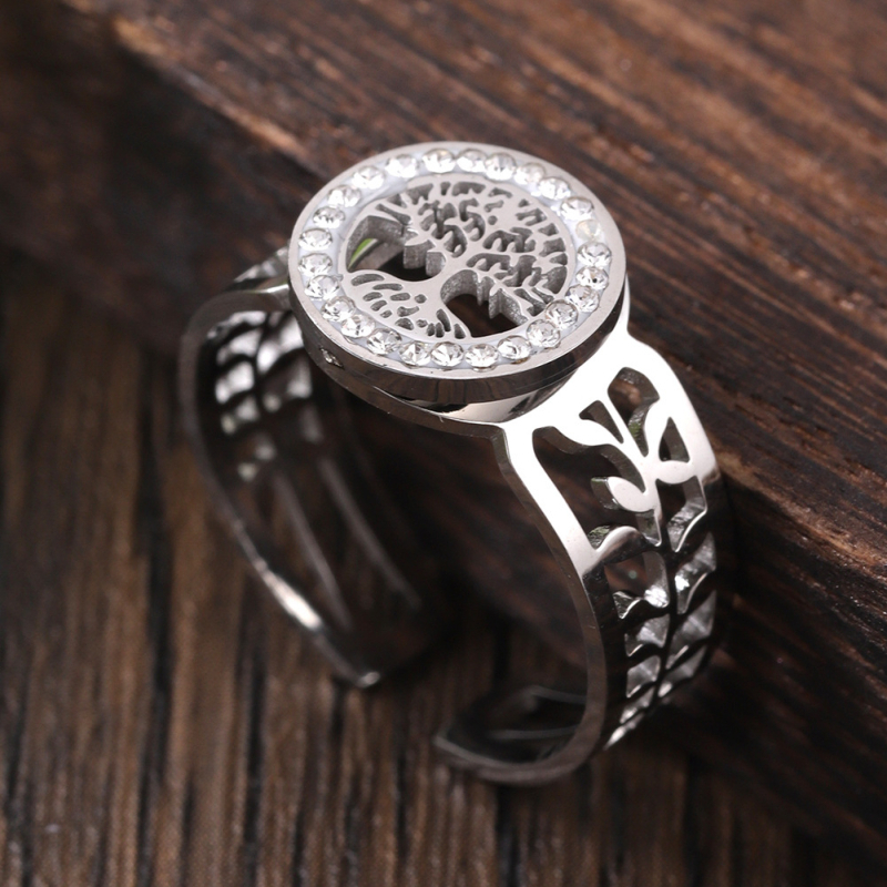 18 karátos aranyozott rozsdamentes acél életfa üreges, állítható nyitású női gyűrű, divatos titánacél, európai és amerikai stílusú