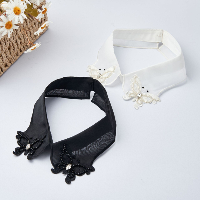 Gyönyörű pillangós gyöngyös hímzésű gyöngyös hamis nyakörv nőknek, sokoldalú organza elegáns gyöngyös hamis nyakörv nagykereskedelemben a gyártótól