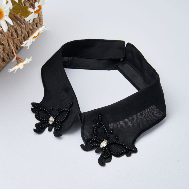 Gyönyörű pillangós gyöngyös hímzésű gyöngyös hamis nyakörv nőknek, sokoldalú organza elegáns gyöngyös hamis nyakörv nagykereskedelemben a gyártótól