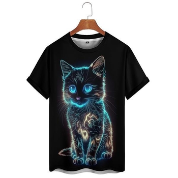 Ευρωπαϊκό και Αμερικανικό Amazon Εξωτερικού Εμπορίου Καλοκαιρινό Casual Ανδρικό T-shirt με Στρογγυλή Λαιμόκοψη και Στάμπα Γάτας με Ίσια Μαλλιά