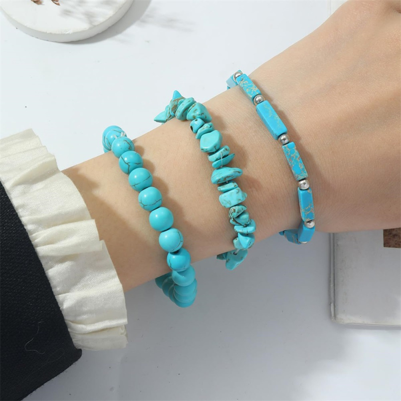 Kolmeosaline boheemlaslikus stiilis türkiissinise värvi naturaalsest kivist käevõrukomplekt meestele ja naistele, rannapuhkuse käevõru