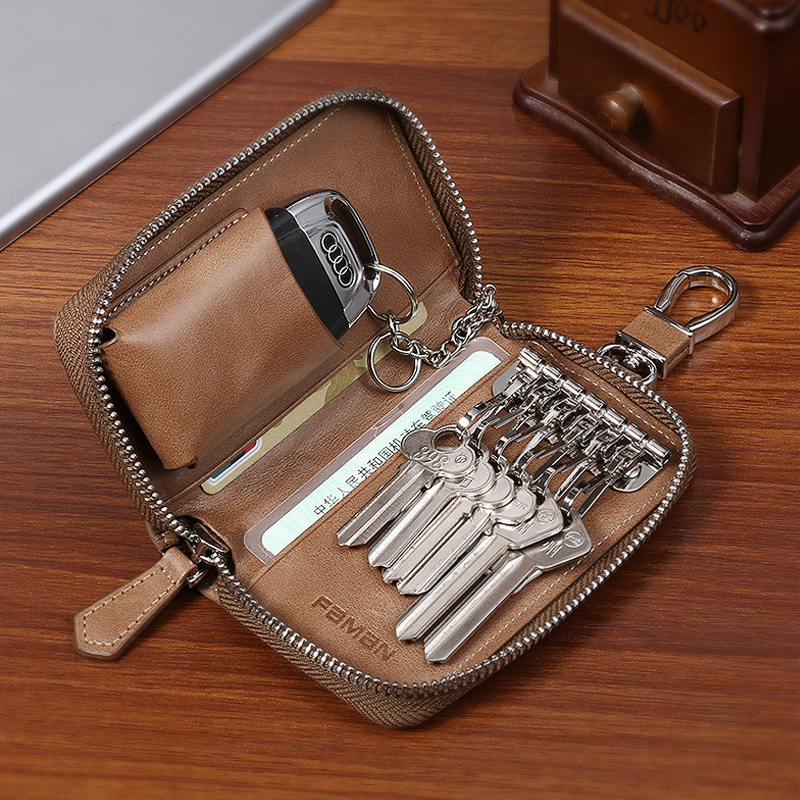 Retro raktų krepšys vyrams, tikros odos, didelės talpos, užtrauktuku užsegamas raktų krepšys, kūrybingas daugiafunkcis automobilio raktų krepšys iš karvės odos