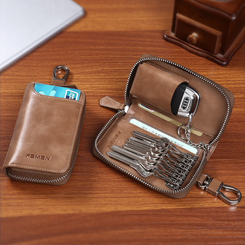 Retro raktų krepšys vyrams, tikros odos, didelės talpos, užtrauktuku užsegamas raktų krepšys, kūrybingas daugiafunkcis automobilio raktų krepšys iš karvės odos