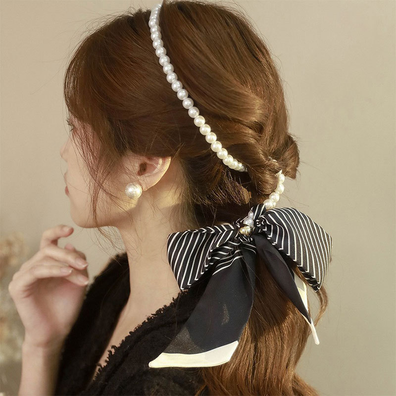 Eșarfă de mătase retro franceză de primăvară și vară cu perle colier femei claviculă lanț panglică stil coreean cravată decorativă curea de păr eșarfă mică panglică