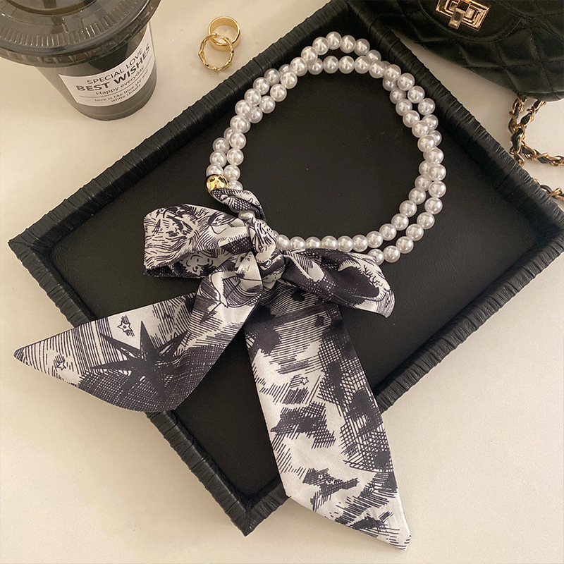 Eșarfă de mătase retro franceză de primăvară și vară cu perle colier femei claviculă lanț panglică stil coreean cravată decorativă curea de păr eșarfă mică panglică