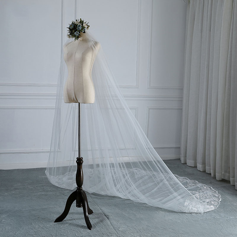 Булчински воал дълъг 4 м, нов външнотърговски воал, еднослоен, сватбен аксесоар с пайети и дантела, декоративен воал