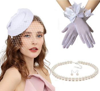 Ευρωπαϊκό και αμερικανικό ρετρό μπερέ με πλέγμα, πέπλο Fascinator, φτερό, καπέλο Derby, δαντέλα, γάντια, κολιέ με μαργαριτάρια