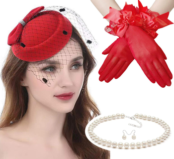 Ευρωπαϊκό και αμερικανικό ρετρό μπερέ με πλέγμα, πέπλο Fascinator, φτερό, καπέλο Derby, δαντέλα, γάντια, κολιέ με μαργαριτάρια