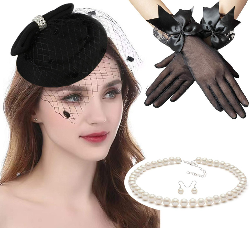 Euroopa ja Ameerika retrohõnguline võrkmüts, barett, Fascinator loor, sulgedest Derby müts, pitsist kindad, pärlitega kaelakee