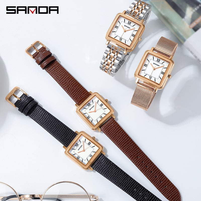 Dámske hodinky Sanda Square Fashion Quartz s výklenkom, koženým sieťovaným oceľovým pásikom, vodotesné, retro, s rímskymi číslicami