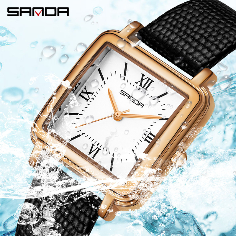 Dámske hodinky Sanda Square Fashion Quartz s výklenkom, koženým sieťovaným oceľovým pásikom, vodotesné, retro, s rímskymi číslicami