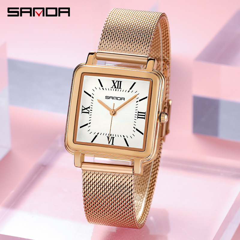 Dámske hodinky Sanda Square Fashion Quartz s výklenkom, koženým sieťovaným oceľovým pásikom, vodotesné, retro, s rímskymi číslicami