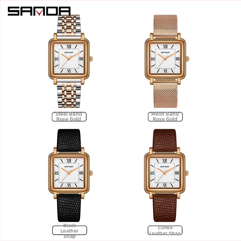 Dámske hodinky Sanda Square Fashion Quartz s výklenkom, koženým sieťovaným oceľovým pásikom, vodotesné, retro, s rímskymi číslicami