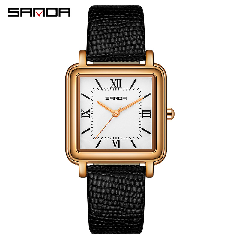 Dámske hodinky Sanda Square Fashion Quartz s výklenkom, koženým sieťovaným oceľovým pásikom, vodotesné, retro, s rímskymi číslicami