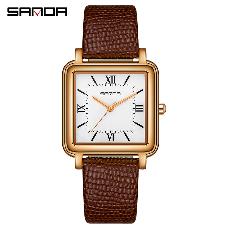 Dámske hodinky Sanda Square Fashion Quartz s výklenkom, koženým sieťovaným oceľovým pásikom, vodotesné, retro, s rímskymi číslicami