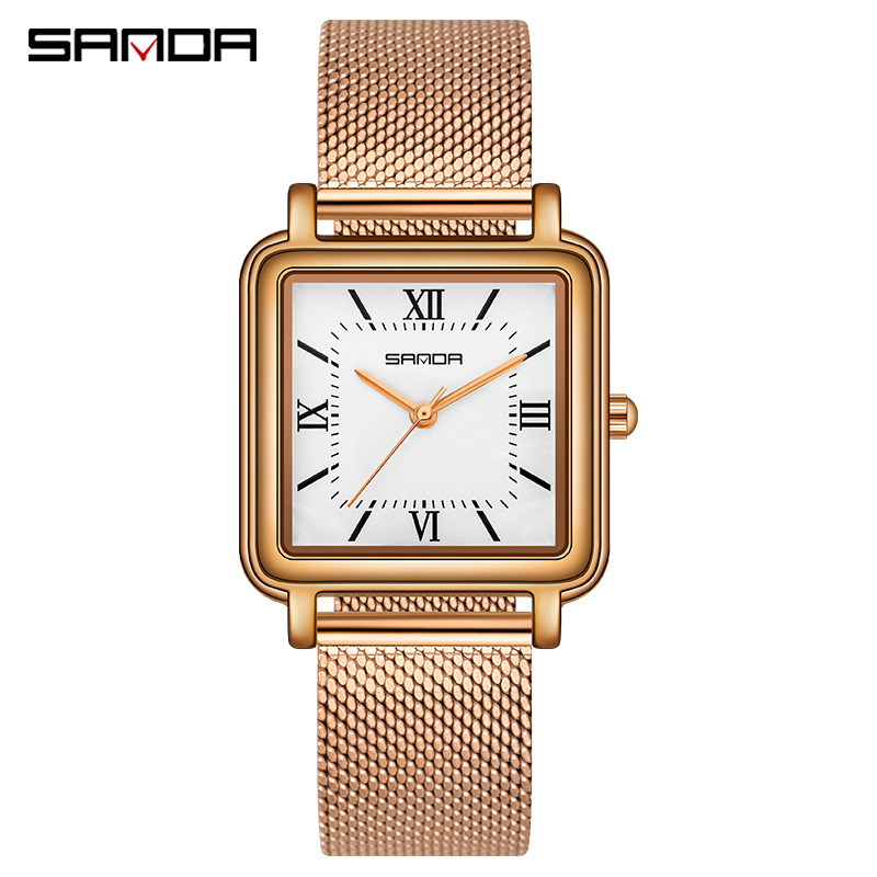 Dámske hodinky Sanda Square Fashion Quartz s výklenkom, koženým sieťovaným oceľovým pásikom, vodotesné, retro, s rímskymi číslicami