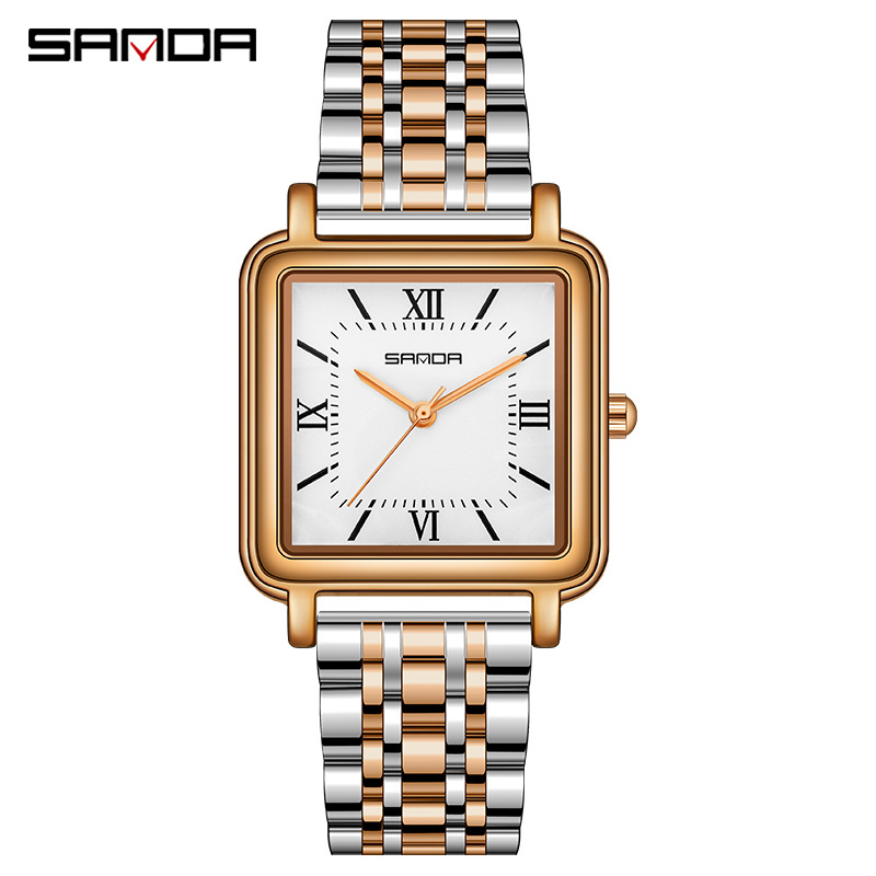 Dámske hodinky Sanda Square Fashion Quartz s výklenkom, koženým sieťovaným oceľovým pásikom, vodotesné, retro, s rímskymi číslicami