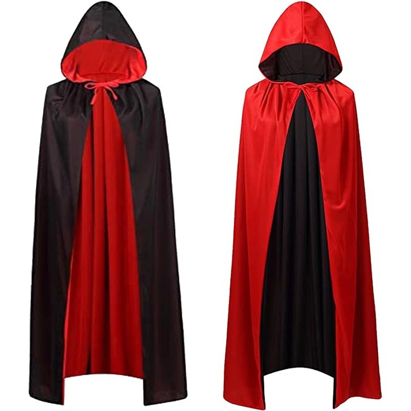 Juodai raudonas dvipusis Helovino apsiaustas, dvisluoksnis apsiaustas, maža stovima apykaklė, moteriškas vampyriškas paltas, europietiško ir amerikietiško stiliaus