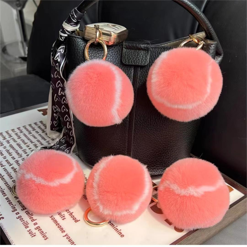 Tikro Rexo triušio plaukų teniso raktų pakabuko mielas mažas teniso pliušinis pakabukas moteriškas krepšys teniso pakabukas papuošalai