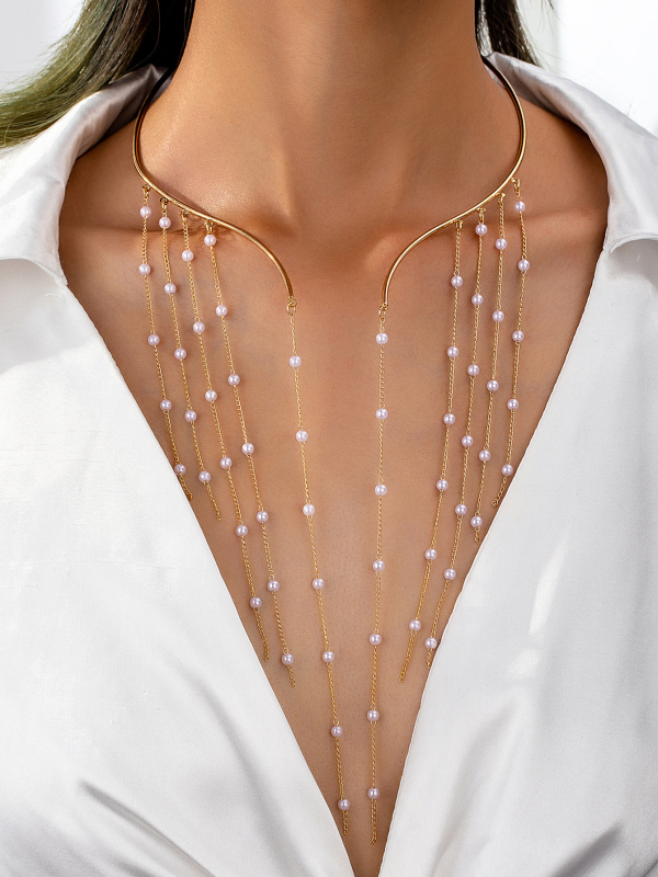 Colier lung cu ciucuri explozive transfrontaliere, imitație de perle, colier cu pandantiv pentru femei, colier de mireasă de nuntă, colier clasic