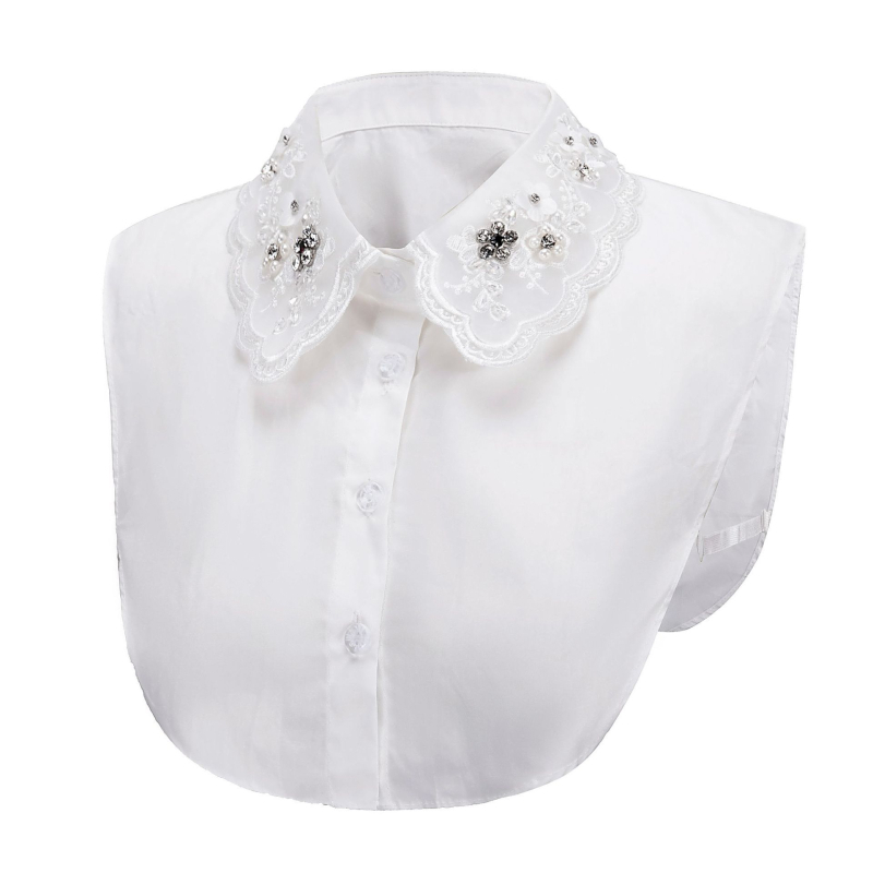 Rudens ir žiemos Pietų Korėjos balti karoliukais puošti moteriški marškinėliai su cirkoniais ir dekoratyviniais marškinėliais su netikra apykakle.