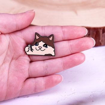 Insignă emailată cu degetul mare în sus pentru pisică de desene animate, pisică tristă