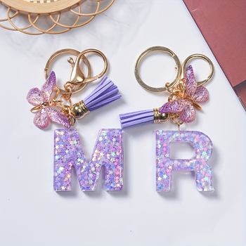 Dervos raidės nuo A iki Z blizgučiais puoštas inicialų raktų pakabukas, mielas violetinis drugelis, dervos raktų pakabukas, žiedinis maišelis