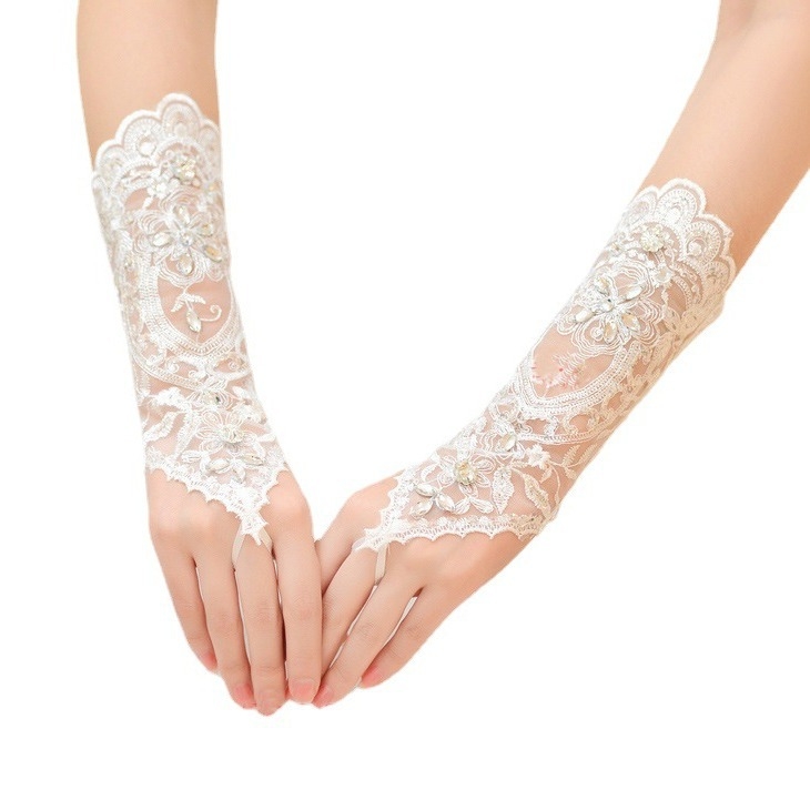 Didmeninė užsienio prekyba Nuotakos vestuvinė suknelė ilgomis pirštinėmis be dirželio atvirų pirštų automobilio kaulo gėlės cirkonio pirštinės