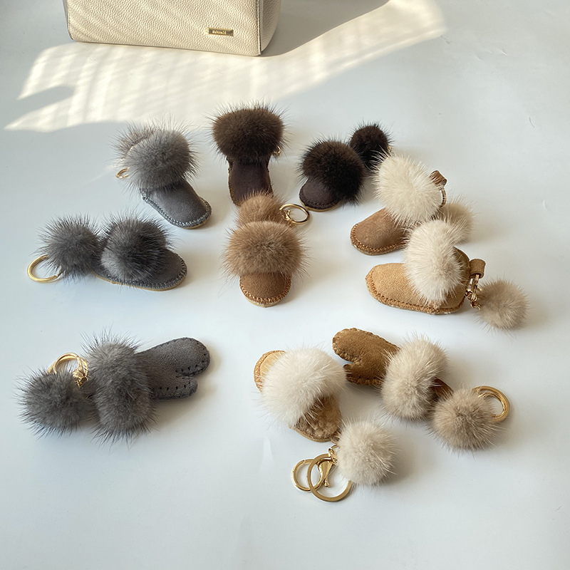 Γνήσιο Δερμάτινο Μινκ Μαλλιά Πρωτότυπο Σχεδιασμός Κρεμαστό Τσάντα Κλειδιών Αυτοκινήτου Κρεμαστό Πλούσιο Μπρελόκ Κρεμαστό Γάντια από Μινκ Μαλλιά