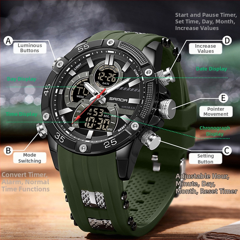 Мъжки часовник за външна търговия, трансгранична младежка спортна електронна мода, многофункционален светещ водоустойчив будилник с живо експлозии