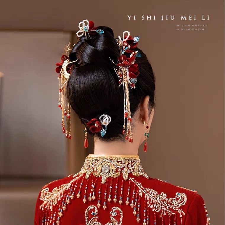 „Xiuhe“ drabužių galvos apdangalai Paprasti ir atmosferiški vestuviniai galvos apdangalai Nuotakos paprasti „Xiuhe“ galvos apdangalai Kinų nuotakos galvos apdangalai