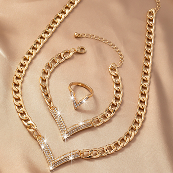 Ευρωπαϊκό και Αμερικανικό Διασυνοριακό Σχεδιασμός Προσωπικότητας Γεωμετρικό Κολιέ σε σχήμα V Βραχιόλι Δαχτυλίδι Κοστούμι Γυναικεία Ιδιοσυγκρασία Διαμάντι Κλείδα Αλυσίδα