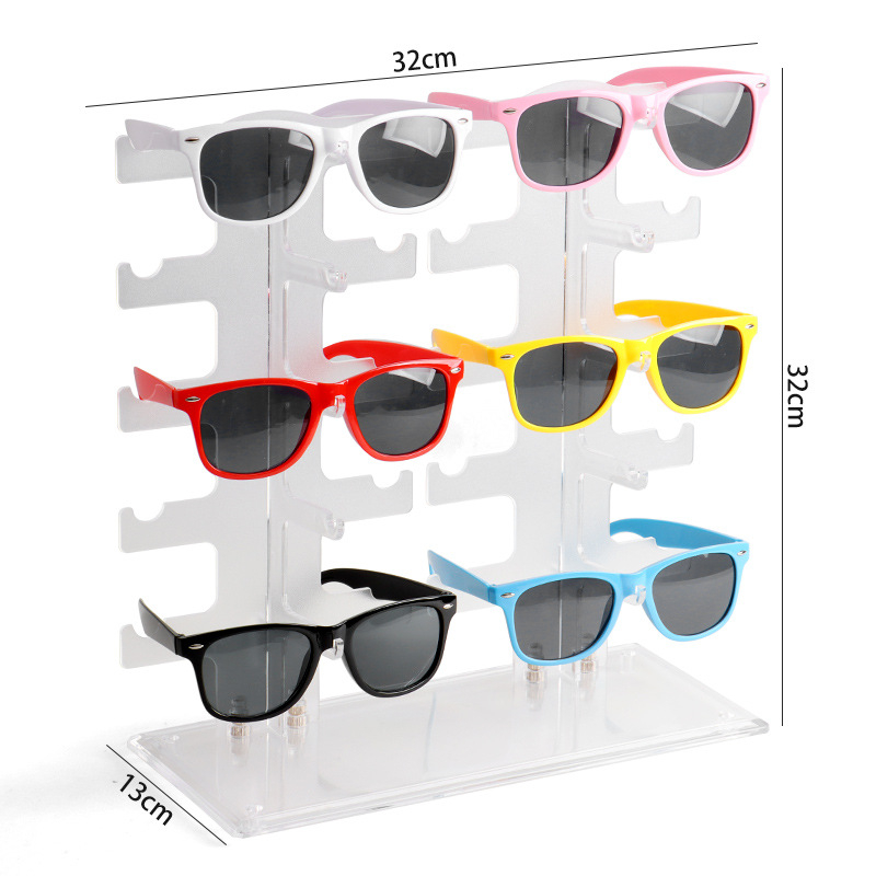 Sandėlyje Dviguba eilė 10 porų sustorintų akinių nuo saulės, akinių nuo saulės laikymo lentynėlė, akiniai, parduotuvės prekystalio demonstracinė lentynėlė, permatoma