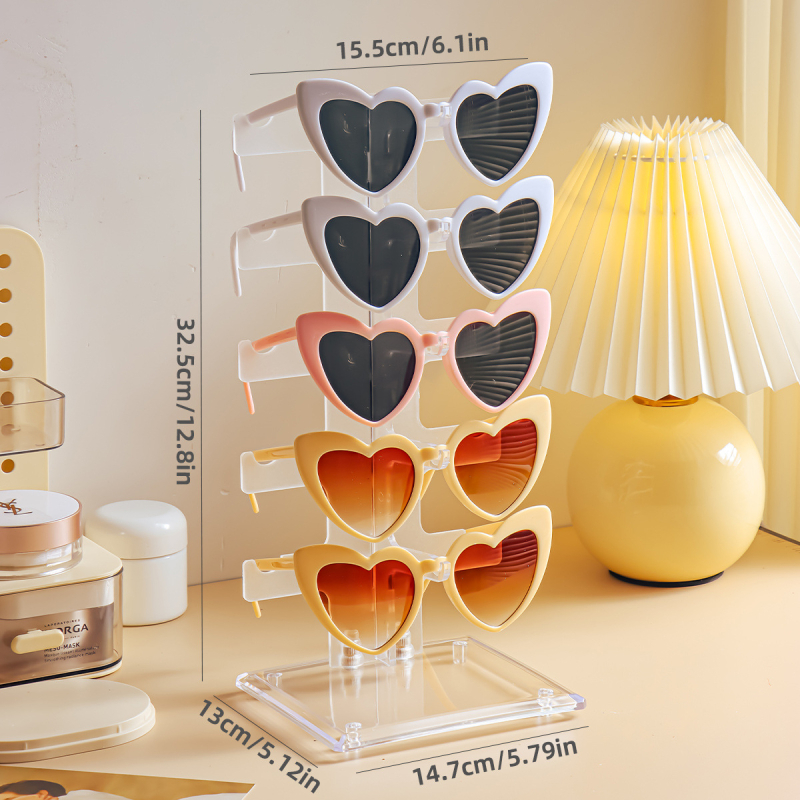 Sandėlyje Dviguba eilė 10 porų sustorintų akinių nuo saulės, akinių nuo saulės laikymo lentynėlė, akiniai, parduotuvės prekystalio demonstracinė lentynėlė, permatoma