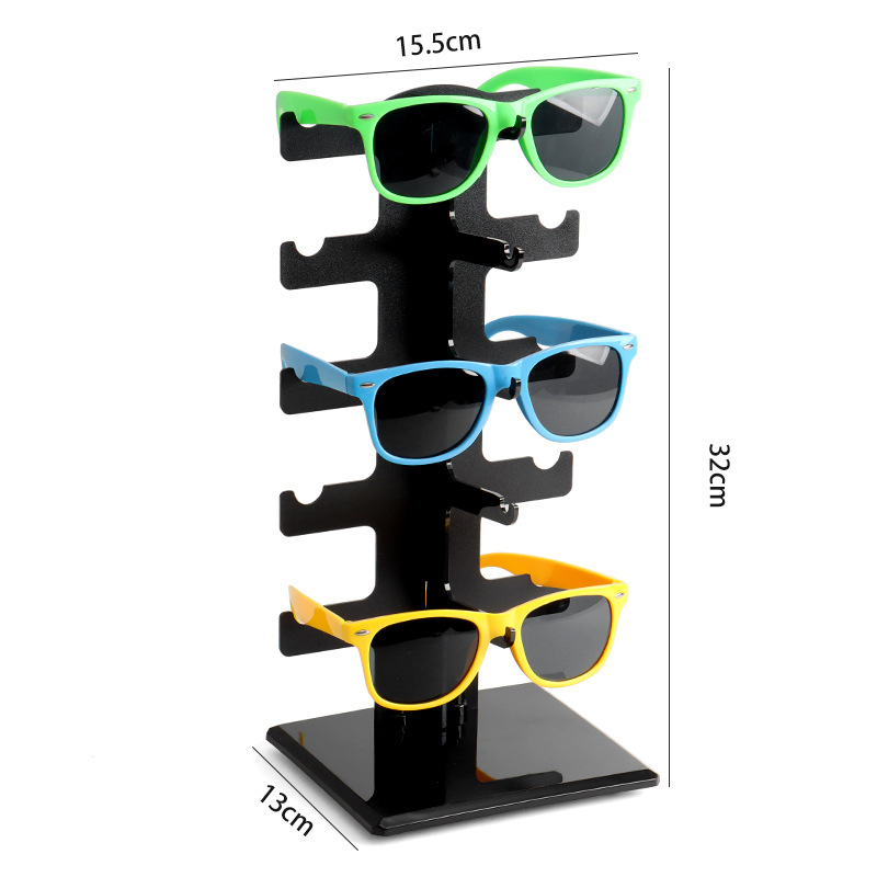 Sandėlyje Dviguba eilė 10 porų sustorintų akinių nuo saulės, akinių nuo saulės laikymo lentynėlė, akiniai, parduotuvės prekystalio demonstracinė lentynėlė, permatoma