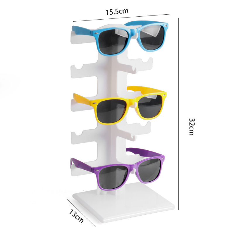 Sandėlyje Dviguba eilė 10 porų sustorintų akinių nuo saulės, akinių nuo saulės laikymo lentynėlė, akiniai, parduotuvės prekystalio demonstracinė lentynėlė, permatoma