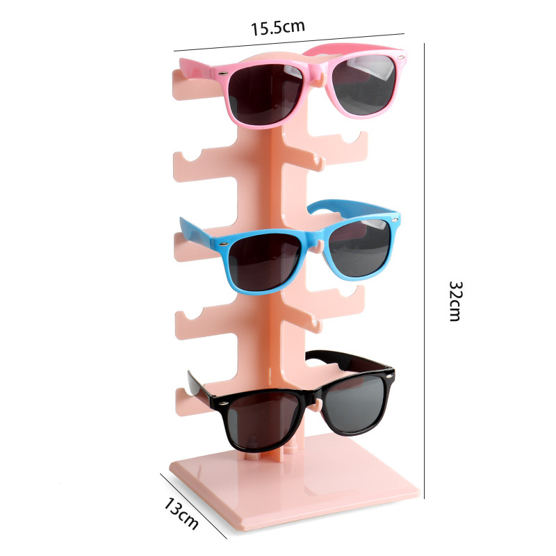 Sandėlyje Dviguba eilė 10 porų sustorintų akinių nuo saulės, akinių nuo saulės laikymo lentynėlė, akiniai, parduotuvės prekystalio demonstracinė lentynėlė, permatoma