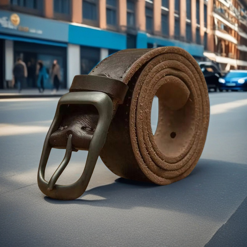 Viršutinio sluoksnio grynos karvės odos diržas su sagtimi. Vyriški vintažiniai universalūs džinsai su paprastu kasdieniu odiniu diržu.