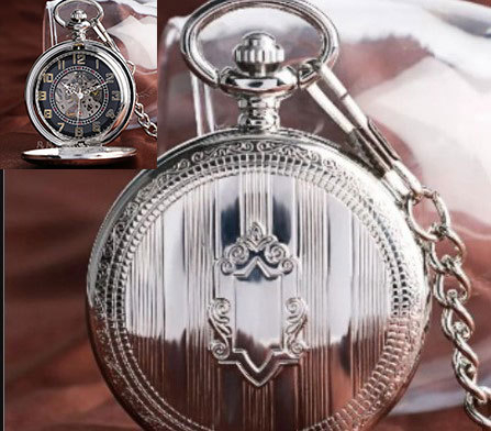 Metalinis baltas poliruotas dvigubas atviras mechaninis kišeninis laikrodis, retro blizgus studentų dovanų atminimo kišeninis laikrodis