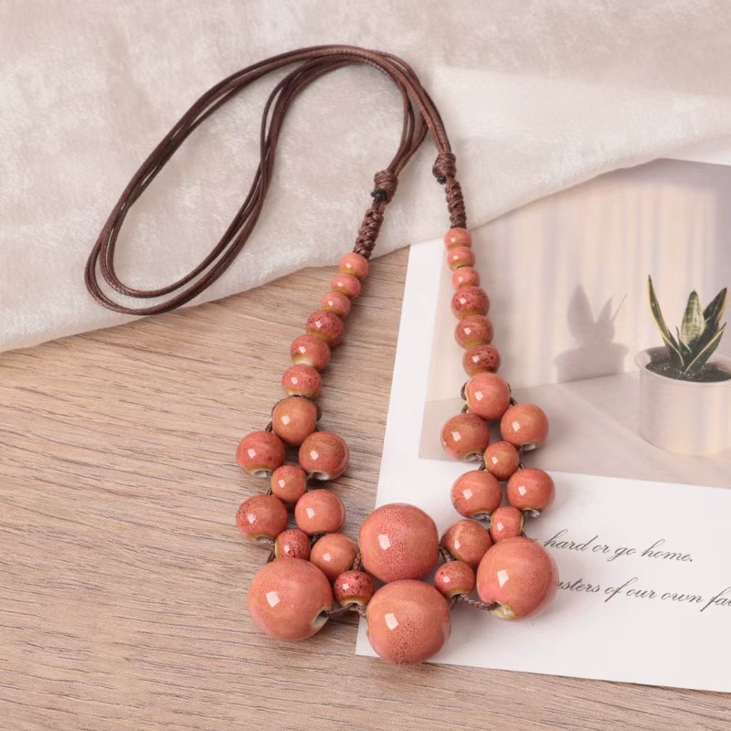 Colier de mărgele ceramice cu mărgele, stil etnic, colier boem, culoare pietriș, design de nișă feminină, la modă