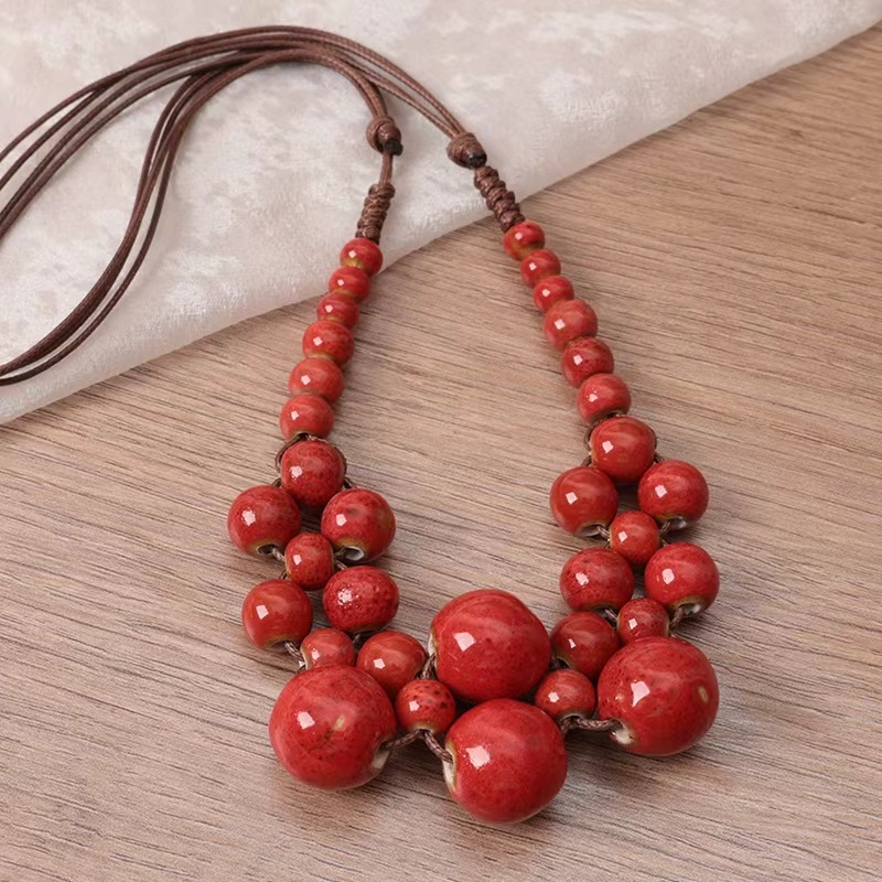 Colier de mărgele ceramice cu mărgele, stil etnic, colier boem, culoare pietriș, design de nișă feminină, la modă