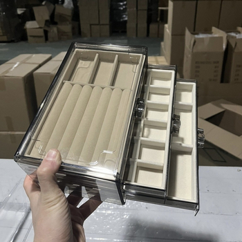 Skaidri pilka akrilo papuošalų dėžutė, daugiasluoksnė auskarų vėrinio, žiedų laikymo ir apdailos stalčiukas, karoliai, apyrankės, papuošalų dėžutė