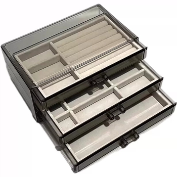 Skaidri pilka akrilo papuošalų dėžutė, daugiasluoksnė auskarų vėrinio, žiedų laikymo ir apdailos stalčiukas, karoliai, apyrankės, papuošalų dėžutė