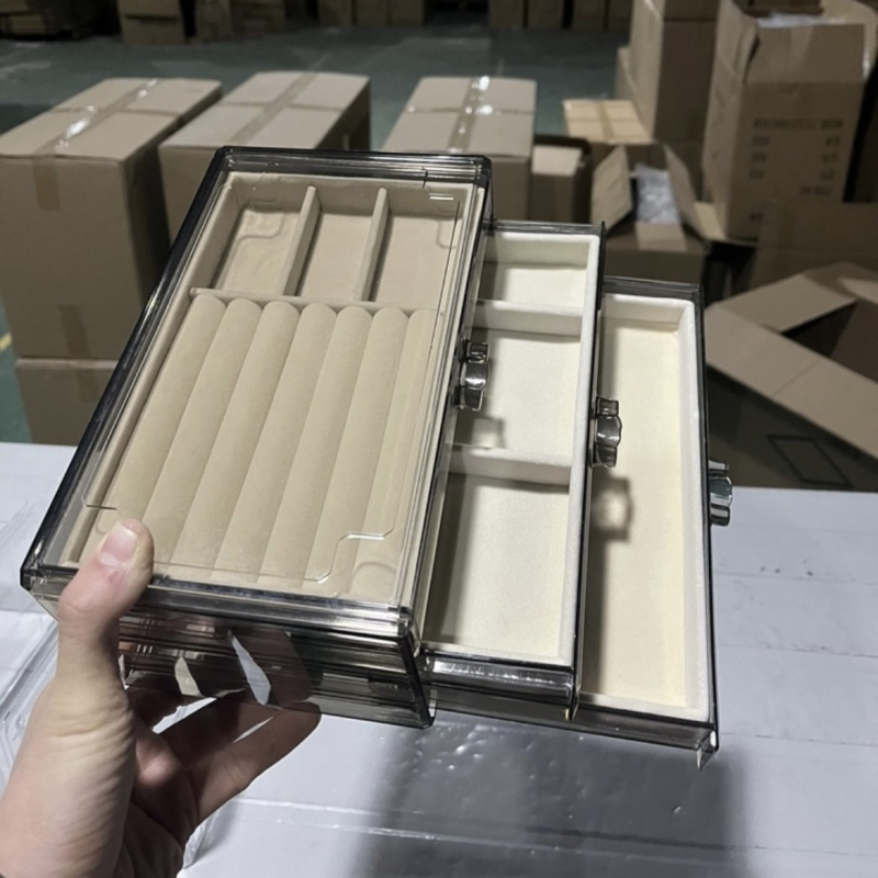 Skaidri pilka akrilo papuošalų dėžutė, daugiasluoksnė auskarų vėrinio, žiedų laikymo ir apdailos stalčiukas, karoliai, apyrankės, papuošalų dėžutė