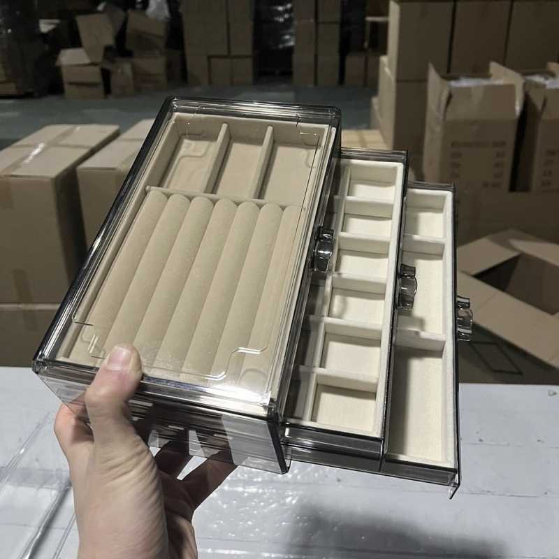 Skaidri pilka akrilo papuošalų dėžutė, daugiasluoksnė auskarų vėrinio, žiedų laikymo ir apdailos stalčiukas, karoliai, apyrankės, papuošalų dėžutė