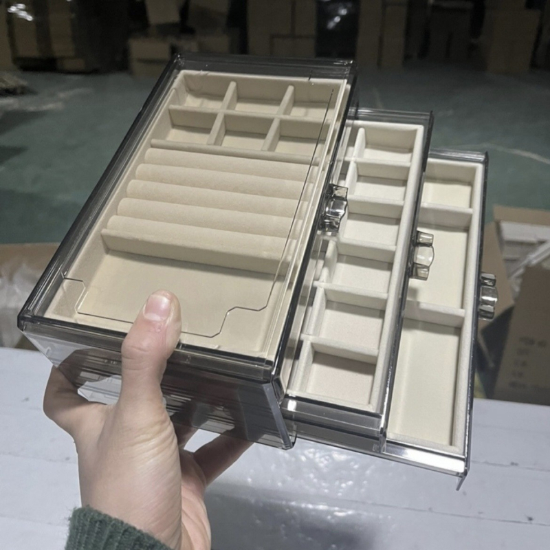 Skaidri pilka akrilo papuošalų dėžutė, daugiasluoksnė auskarų vėrinio, žiedų laikymo ir apdailos stalčiukas, karoliai, apyrankės, papuošalų dėžutė