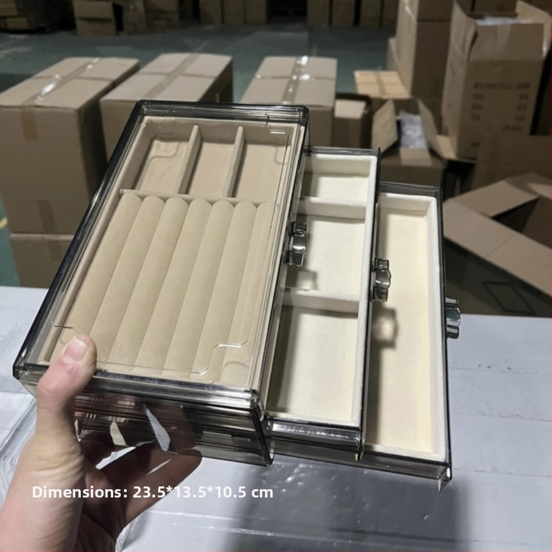 Skaidri pilka akrilo papuošalų dėžutė, daugiasluoksnė auskarų vėrinio, žiedų laikymo ir apdailos stalčiukas, karoliai, apyrankės, papuošalų dėžutė