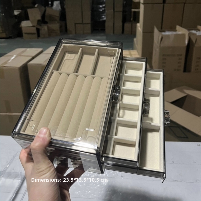 Skaidri pilka akrilo papuošalų dėžutė, daugiasluoksnė auskarų vėrinio, žiedų laikymo ir apdailos stalčiukas, karoliai, apyrankės, papuošalų dėžutė