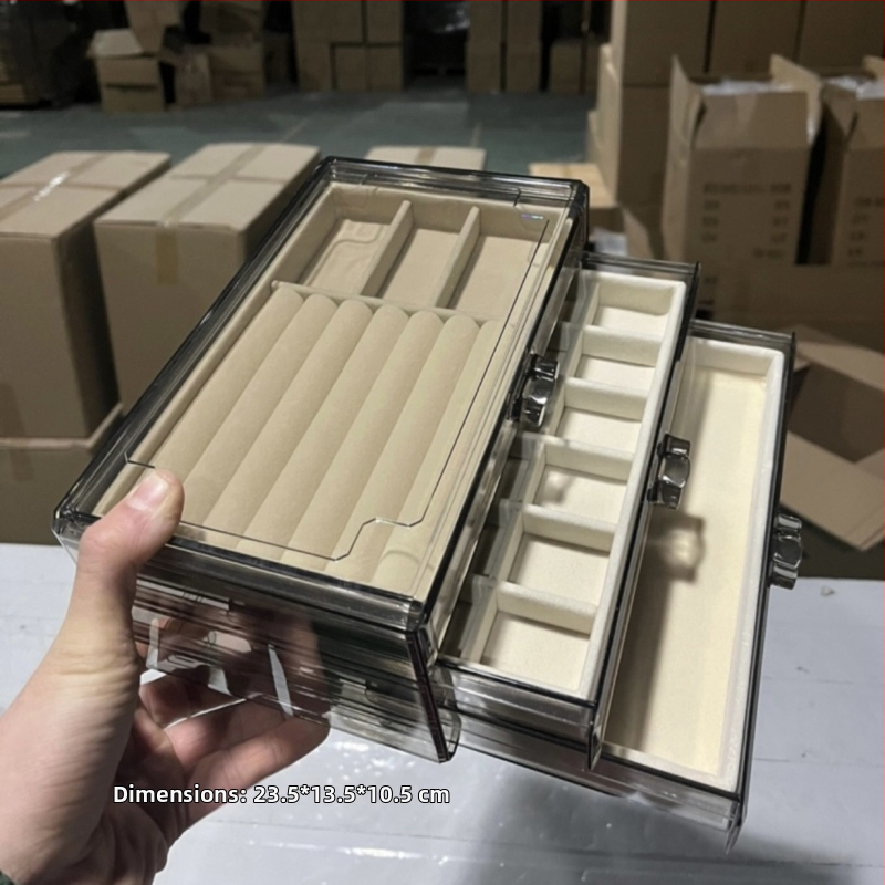 Skaidri pilka akrilo papuošalų dėžutė, daugiasluoksnė auskarų vėrinio, žiedų laikymo ir apdailos stalčiukas, karoliai, apyrankės, papuošalų dėžutė