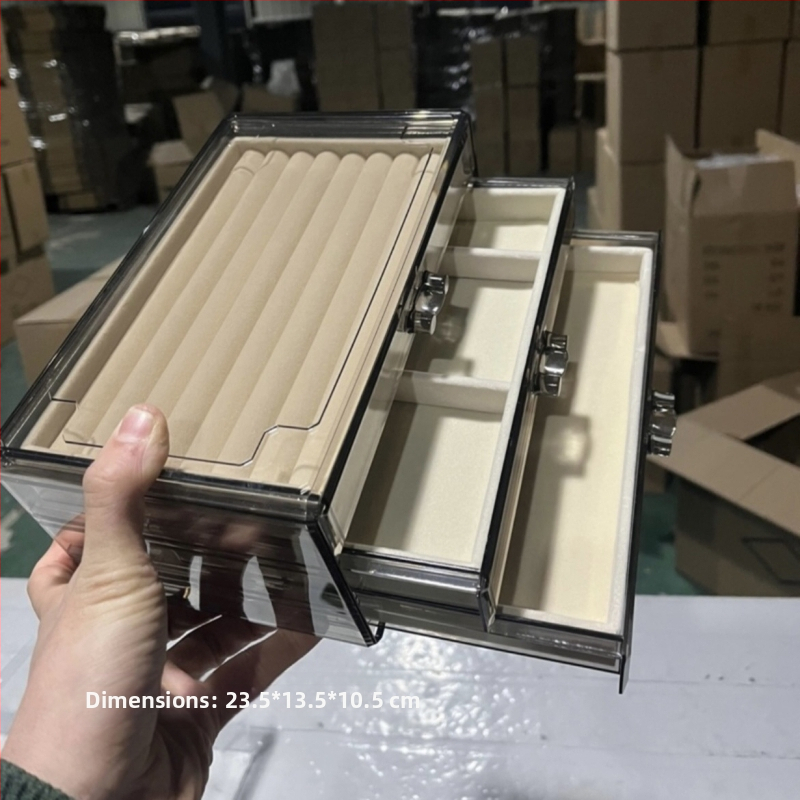 Skaidri pilka akrilo papuošalų dėžutė, daugiasluoksnė auskarų vėrinio, žiedų laikymo ir apdailos stalčiukas, karoliai, apyrankės, papuošalų dėžutė